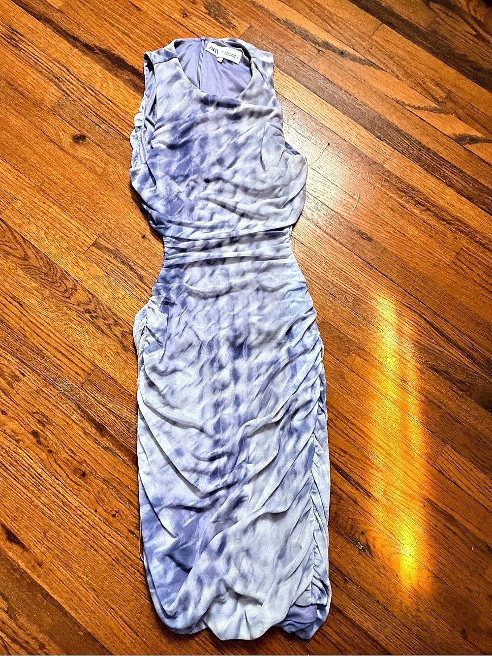 Zara Lilac Watercolor Mesh Ruched Bodycon Midi Dress Size M